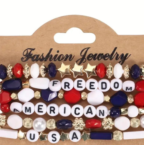 4th Of July Patriotic American USA Freedom Stretch Bangle Set Of 6 Unisex New