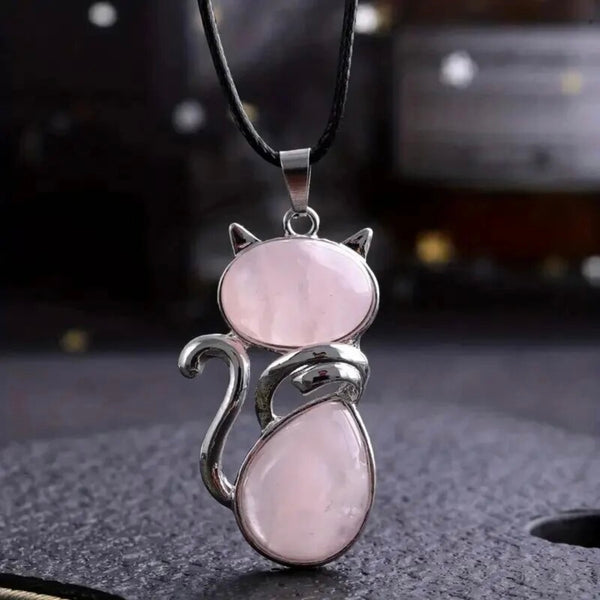 Rose Quartz Cat Pendant Womens Casual Boho Necklace New