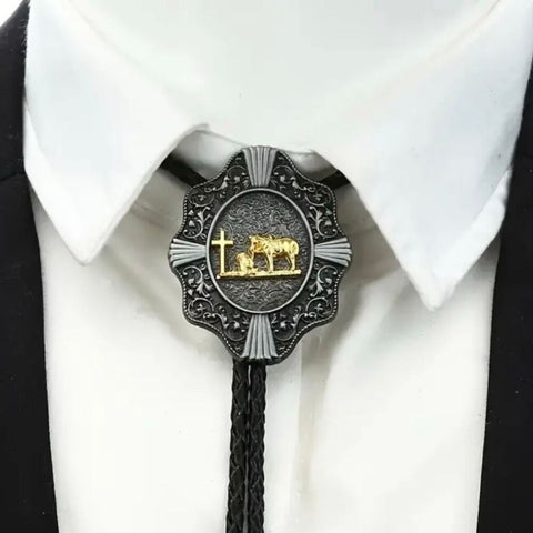 Western Oval Concho Bolo Tie Mens Thank God For Cowboys