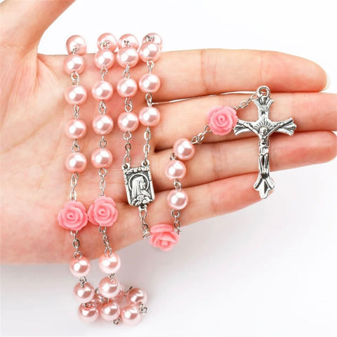 6MM Pink Pearl Beaded Rose Rosary Necklace Women Chain Crucifix Cross Pendant