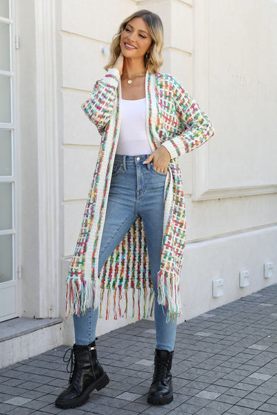 Multicolored Open Front Fringe Hem Western Boho Cardigan