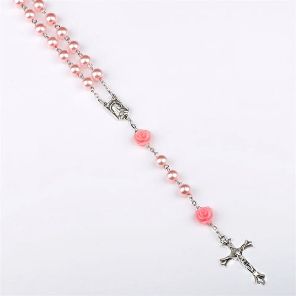 6MM Pink Pearl Beaded Rose Rosary Necklace Women Chain Crucifix Cross Pendant