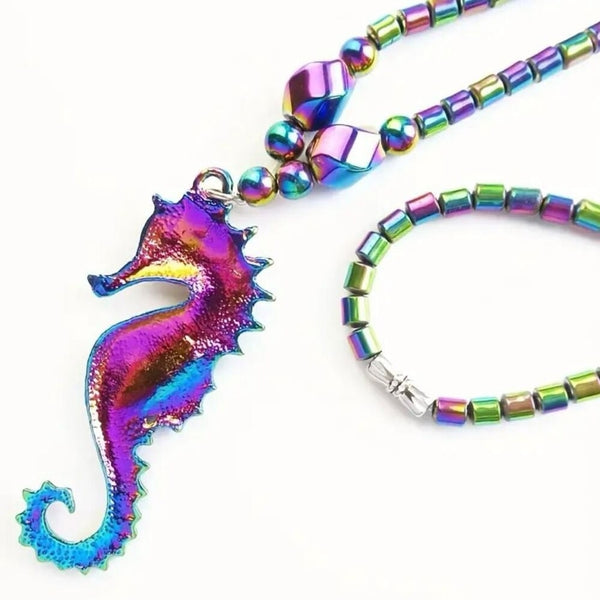 Vibrant Rainbow Hematite Stone Sea Horse Pendant Necklace