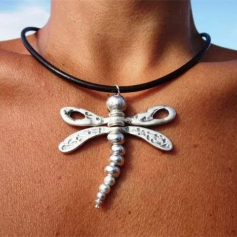 Dragonfly Style Metal Pendant Necklace for Women Fashion Boho Leather Choker New