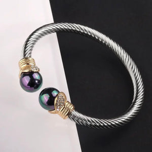 Silver Twisted Rhinestone & Faux Pearl Cable Cuff Bangle Womens Bracelet New