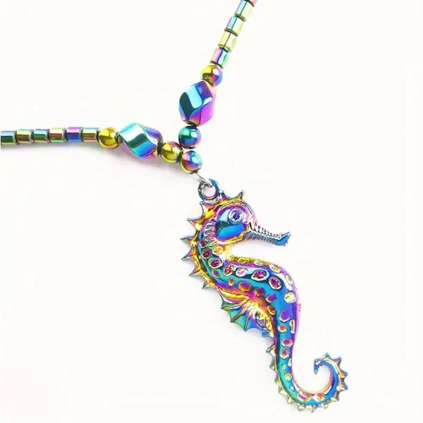 Vibrant Rainbow Hematite Stone Sea Horse Pendant Necklace