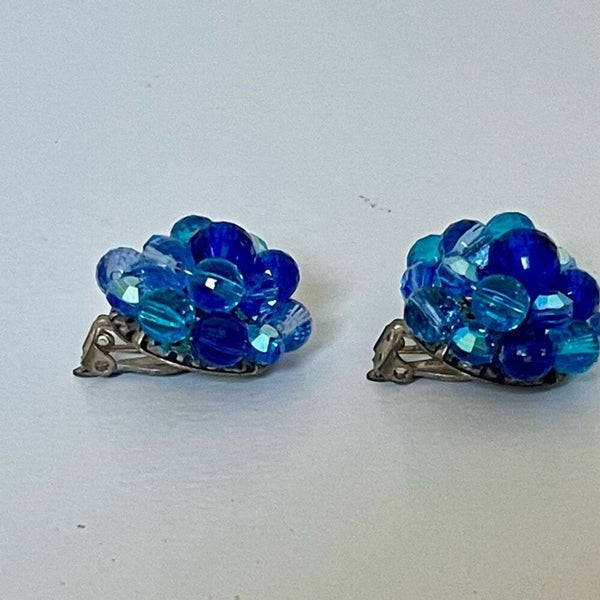 Vintage Round Blue Cluster Beaded Clip On Earrings