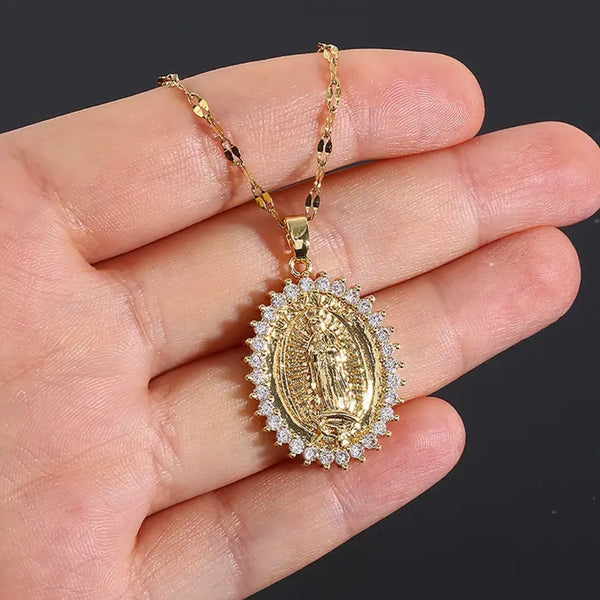 Virgin Mary Pendant Necklace Womens Lady Of Guadalupe Gold Chain New