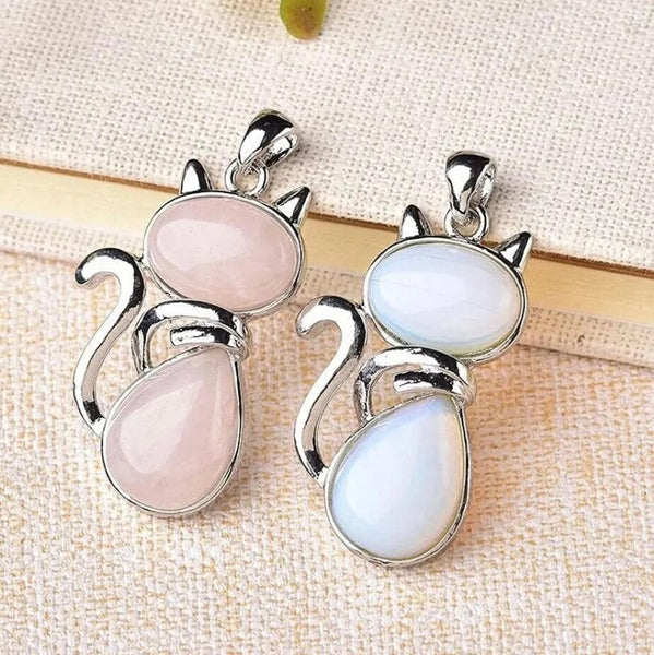 Rose Quartz Cat Pendant Womens Casual Boho Necklace New