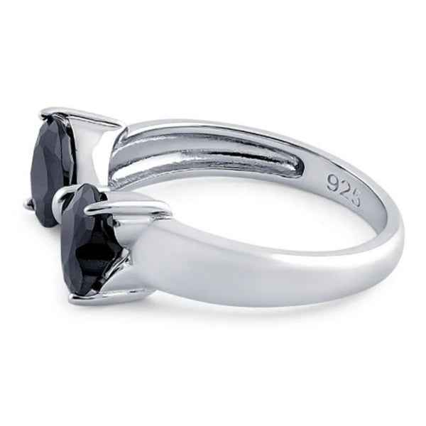 Sterling Silver Bow Heart Cut Black CZ Ring Womens Statement Jewelry