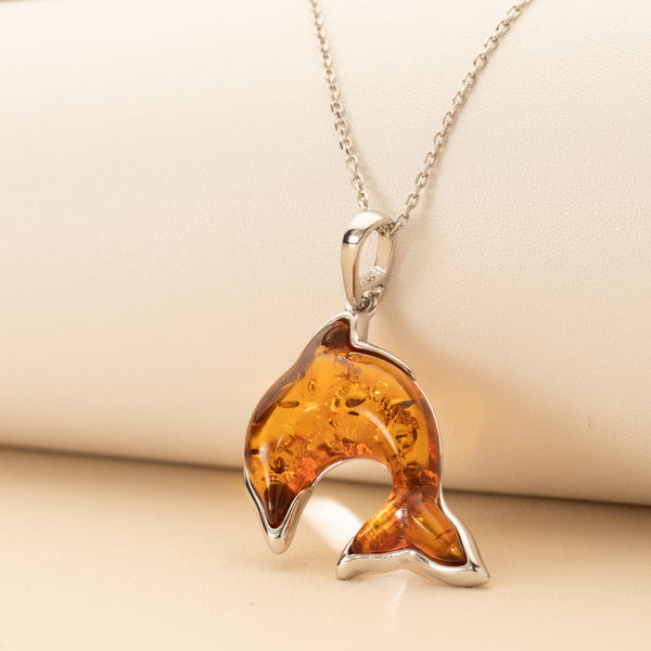 Stunning Baltic Amber Dolphin Pendant Necklace Sterling Silver New