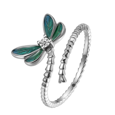 Sterling Silver Dragonfly Opening Ring Adjustable Ring Pave Setting CZ New