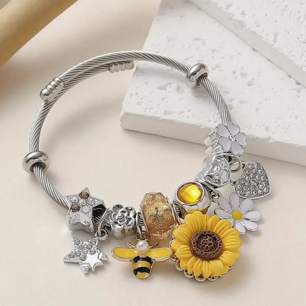 New Sunflower & Bee Charm Stainless Steel Bracelet With Rhinestones Womens