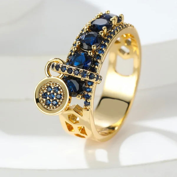 Royal Blue Sapphire CZ Gold Toned Dangle Fashion Ring Womens Size 6 New