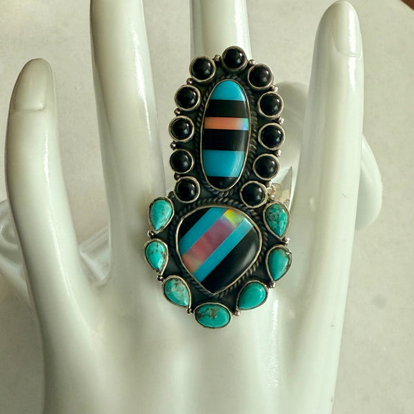 Unique Southwestern Turquoise Onyx Opal Inlay Adjustable Statement Ring New