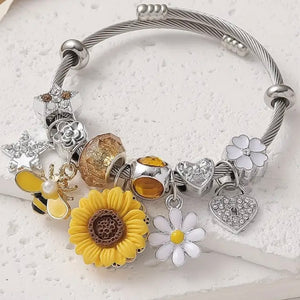 New Sunflower & Bee Charm Stainless Steel Bracelet With Rhinestones Womens