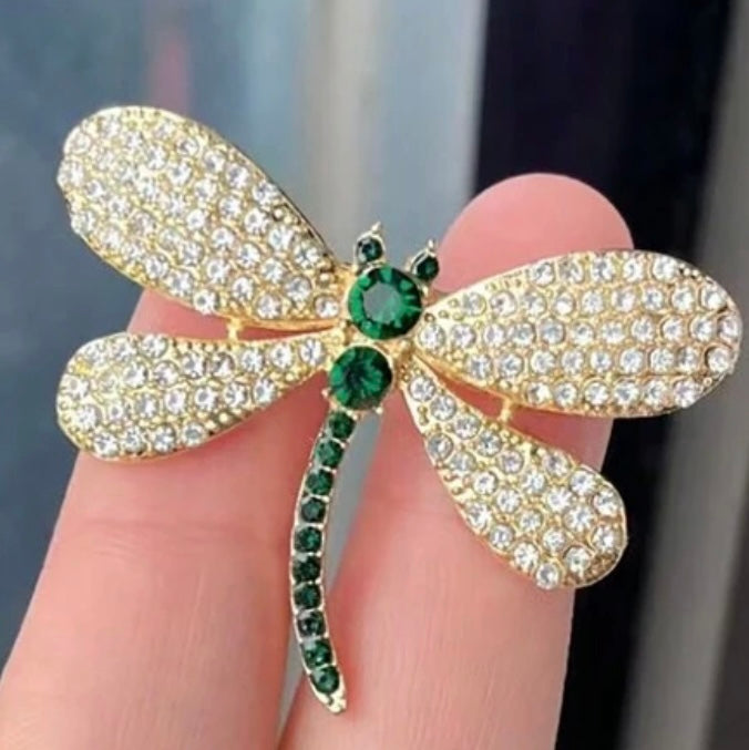 Green Crystal Dragonfly Brooch Womens Casual Rhinestone Statement Pin New