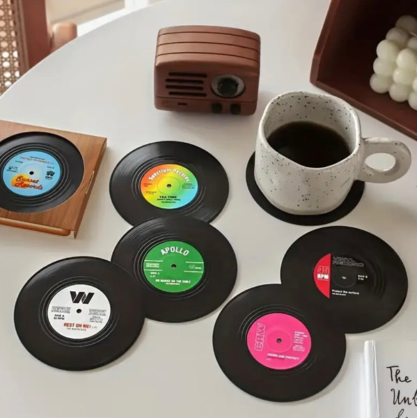 Vinyl Record Coasters for Drinks Retro Disk Coaster with Holder Set of 6 New