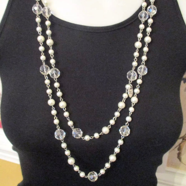 Vintage Crystal & Faux Pearl Long Single Strand Necklace Signed By Jewel Kade