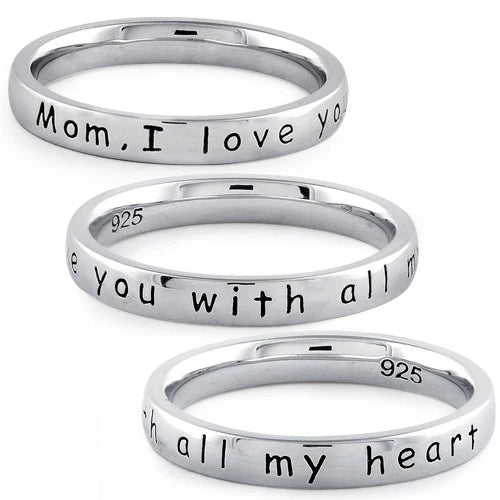 Sterling Silver "Mom, I love you with all my heart" Ring Size 8 New