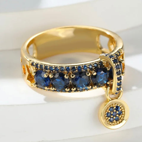 Royal Blue Sapphire CZ Gold Toned Dangle Fashion Ring Womens Size 6 New