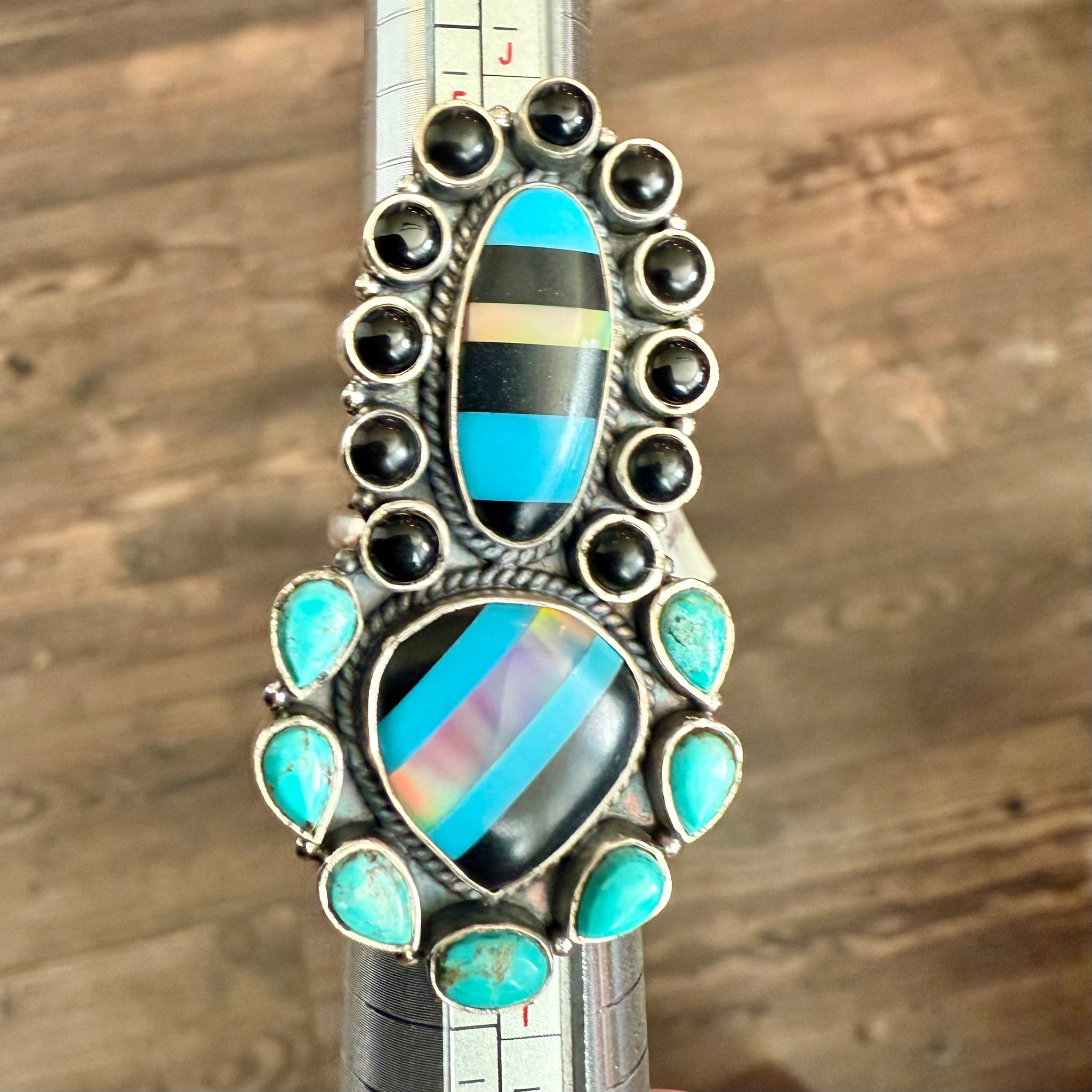 Unique Southwestern Turquoise Onyx Opal Inlay Adjustable Statement Ring New