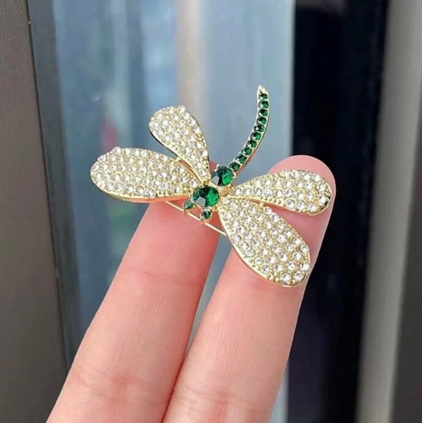 Green Crystal Dragonfly Brooch Womens Casual Rhinestone Statement Pin New