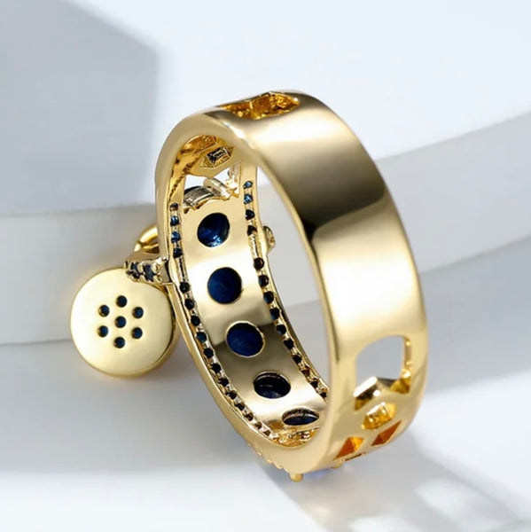 Royal Blue Sapphire CZ Gold Toned Dangle Fashion Ring Womens Size 6 New