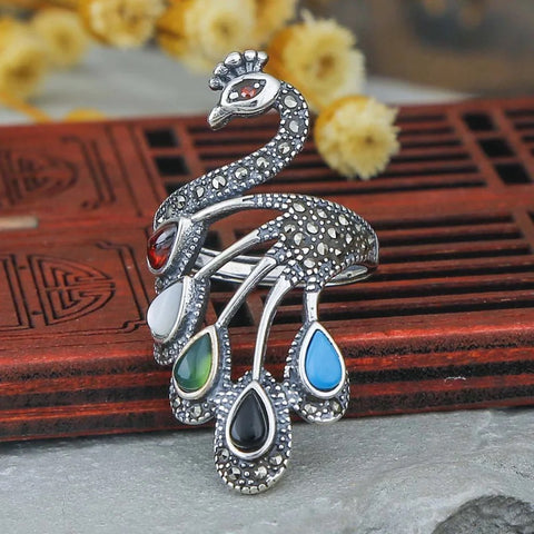 Natural Multi Stone Peacock Silver Adjustable Ring WomenBoho CZ Statement Piece