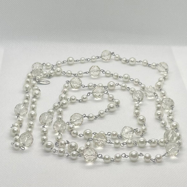 Vintage Crystal & Faux Pearl Long Single Strand Necklace Signed By Jewel Kade