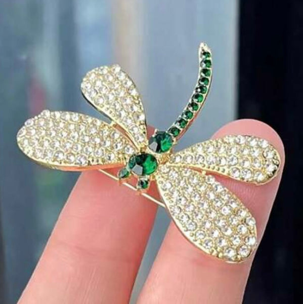 Green Crystal Dragonfly Brooch Womens Casual Rhinestone Statement Pin New