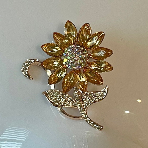 Crystal Sunflower Rhinestone Brooch Womens Floral Fashion Gold Pin