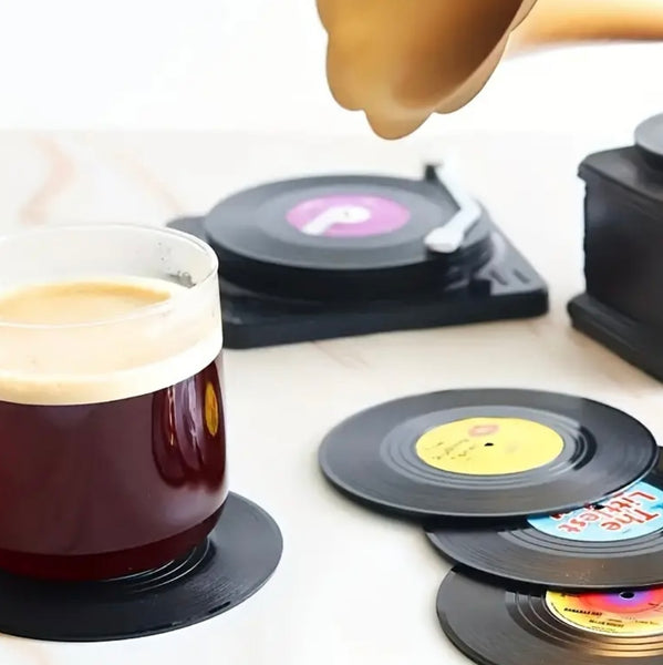 Vinyl Record Coasters for Drinks Retro Disk Coaster with Holder Set of 6 New