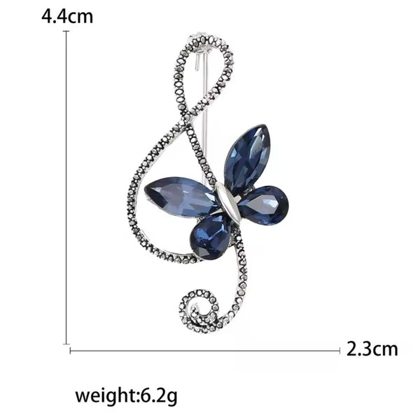 Blue Sapphire Rhinestone Butterfly Brooch Womens Casual Treble Clef Musical Pin