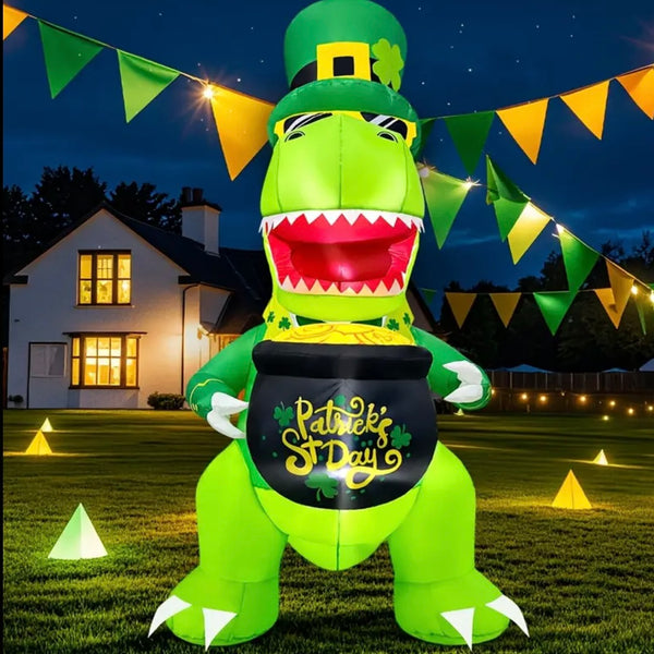 5 FT St Patricks Day T Rex Dinosaur Inflatable Light Up Outdoor Home Lawn Decor