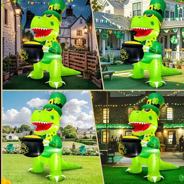 5 FT St Patricks Day T Rex Dinosaur Inflatable Light Up Outdoor Home Lawn Decor