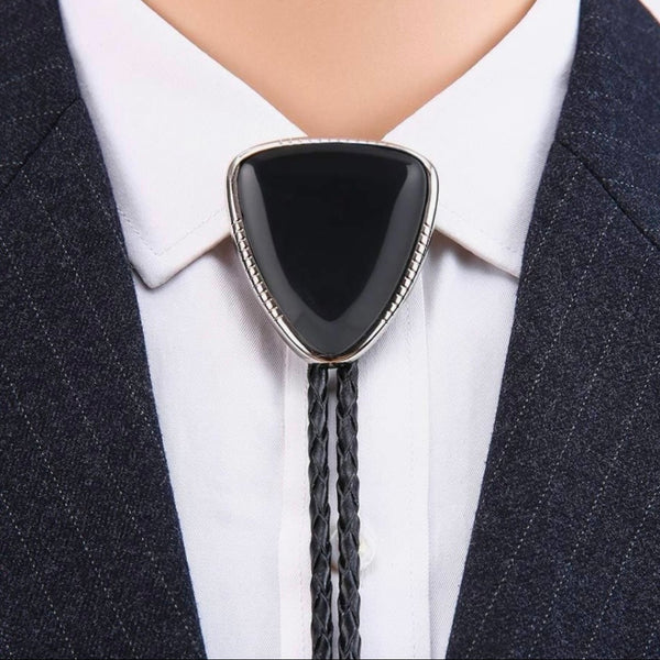 Triangle Black Agate Stone Bolo Tie Mens Casual Western Cowboy Accessory