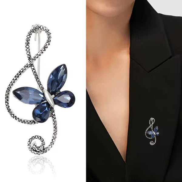 Blue Sapphire Rhinestone Butterfly Brooch Womens Casual Treble Clef Musical Pin