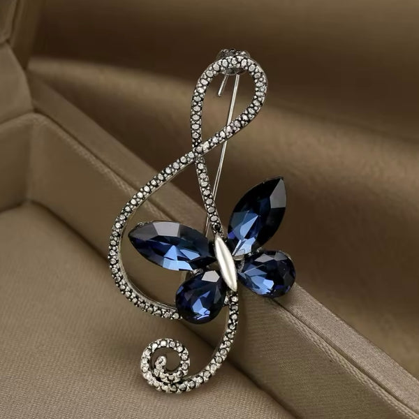 Blue Sapphire Rhinestone Butterfly Brooch Womens Casual Treble Clef Musical Pin