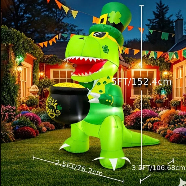 5 FT St Patricks Day T Rex Dinosaur Inflatable Light Up Outdoor Home Lawn Decor