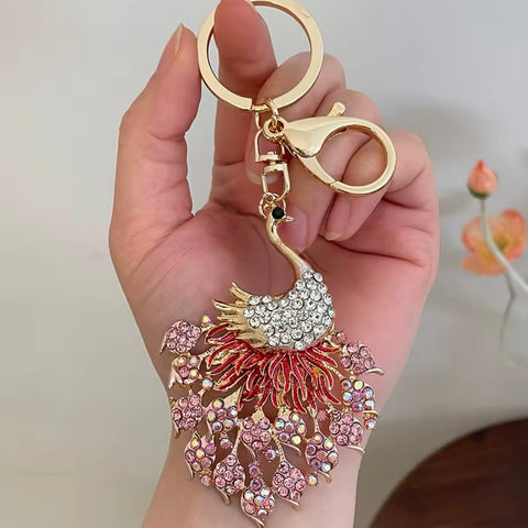 Peacock Key Ring Womens Pink Crystal Keychain Purse Bag Pendant Charm Gold New