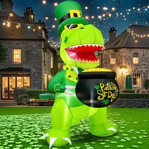 5 FT St Patricks Day T Rex Dinosaur Inflatable Light Up Outdoor Home Lawn Decor