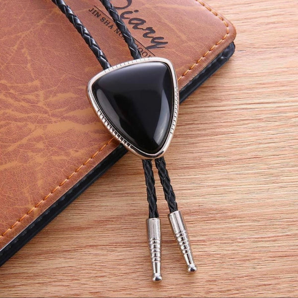 Triangle Black Agate Stone Bolo Tie Mens Casual Western Cowboy Accessory