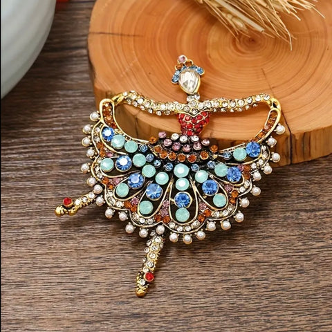 Ballerina Dancer Rhinestone Crystal Pearl Statement Brooch Pin