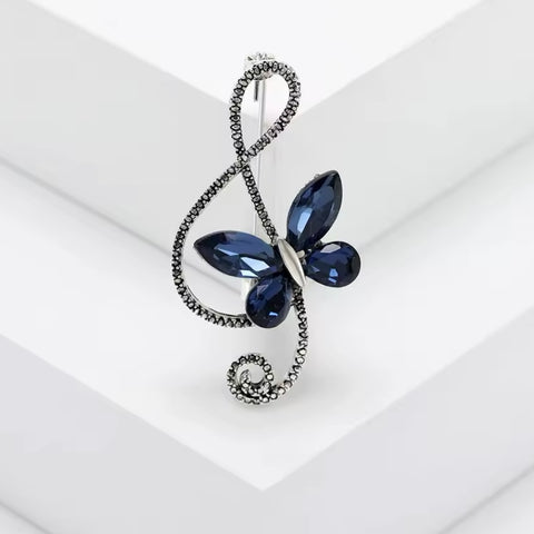 Blue Sapphire Rhinestone Butterfly Brooch Womens Casual Treble Clef Musical Pin