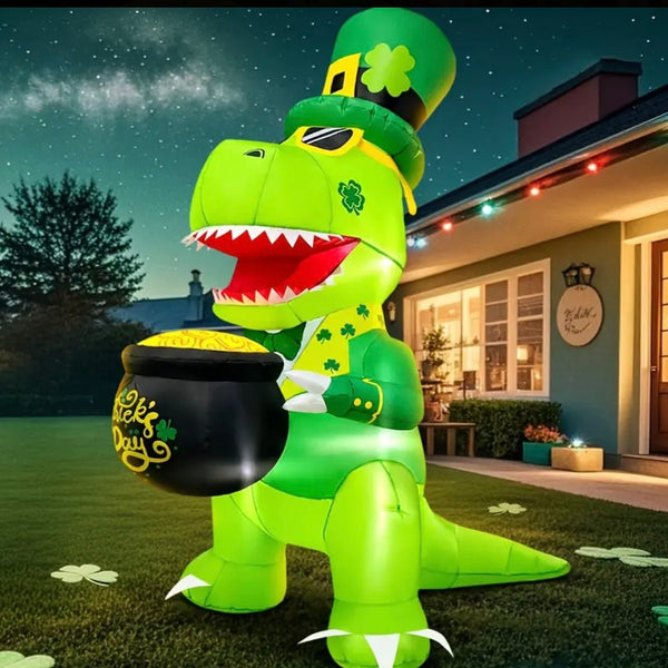 5 FT St Patricks Day T Rex Dinosaur Inflatable Light Up Outdoor Home Lawn Decor