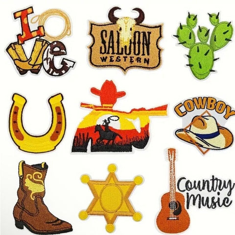 10 Piece Western Cowboy Cowgirl Iron On Embroidered Patches