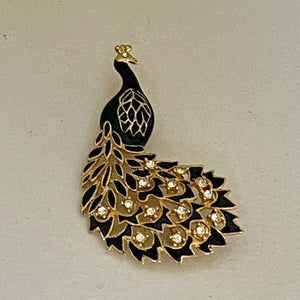 Vintage Peacock Brooch Rhinestone  Gold & Black Lapel Pin