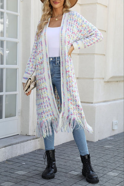 Multicolored Open Front Fringe Hem Western Boho Cardigan