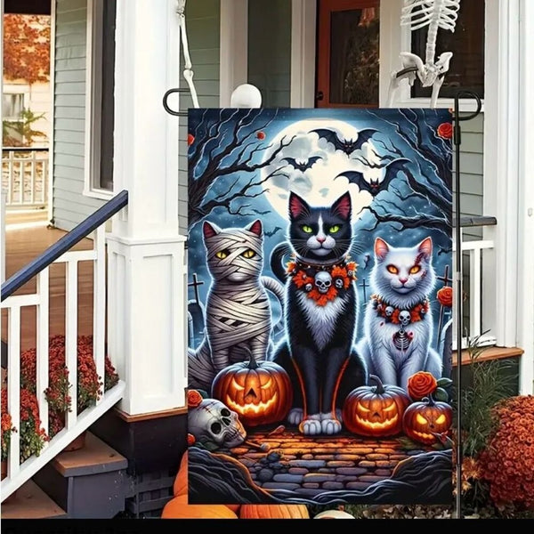 Halloween Double Sided Garden Flag 12x18 Inch Cats Pumpkins